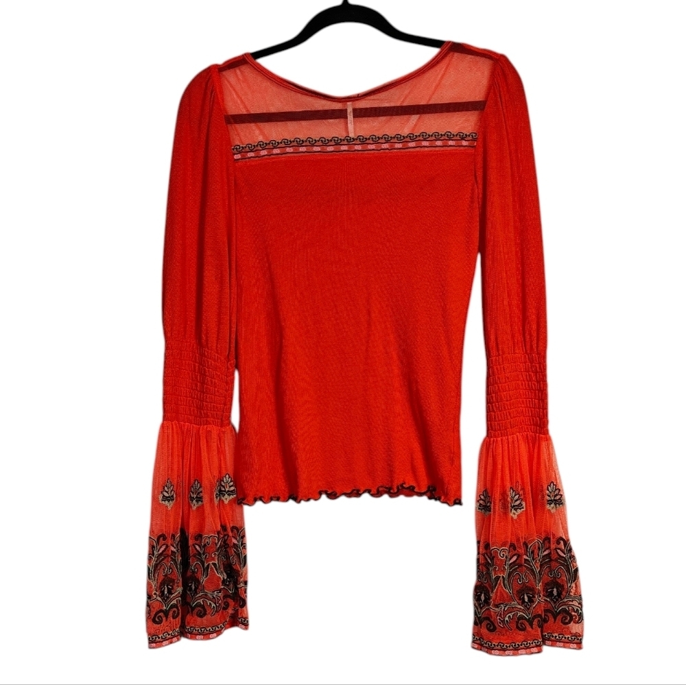 FREE PEOPLE  High Tides Embroidered Flare Sleeve Top Orange Boho XS 
